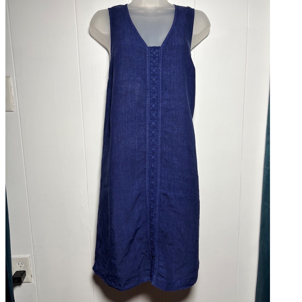 120% Lino Blue Linen Sleeveless V-Neck Crochet Lace Trim Shift Dress Sz XS IT 40